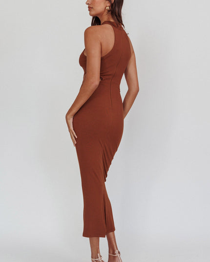 Brown Keyhole Ribbed Midi Dress
