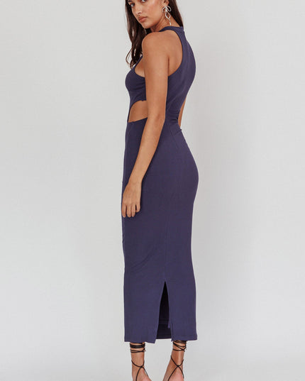 Navy Keyhole Ribbed Midi Dress