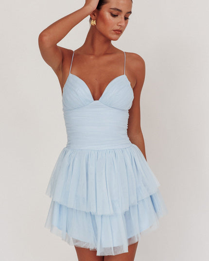 Baby Blue Ruched Mesh Mini Dress