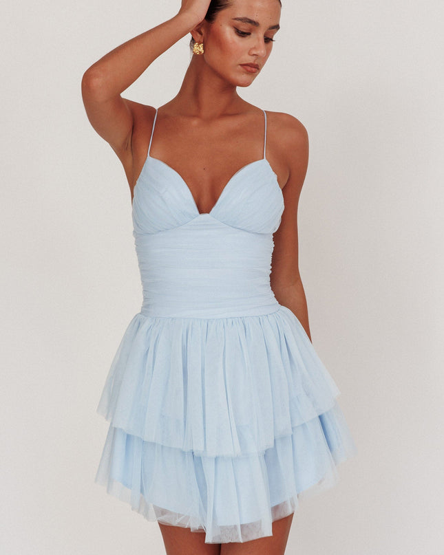 Baby Blue Ruched Mesh Mini Dress
