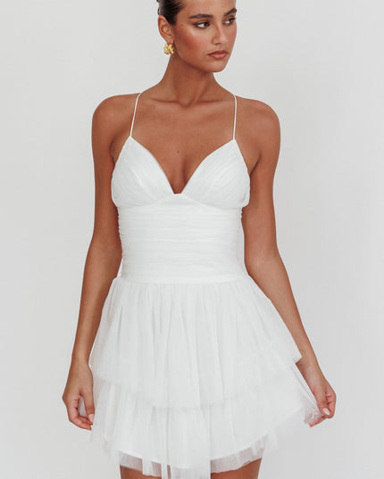 White Ruched Mesh Mini Dress