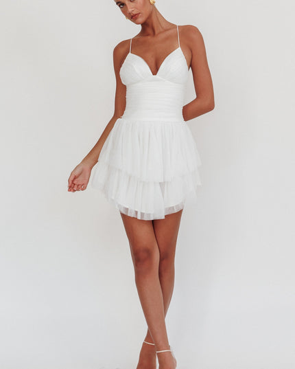 White Ruched Mesh Mini Dress