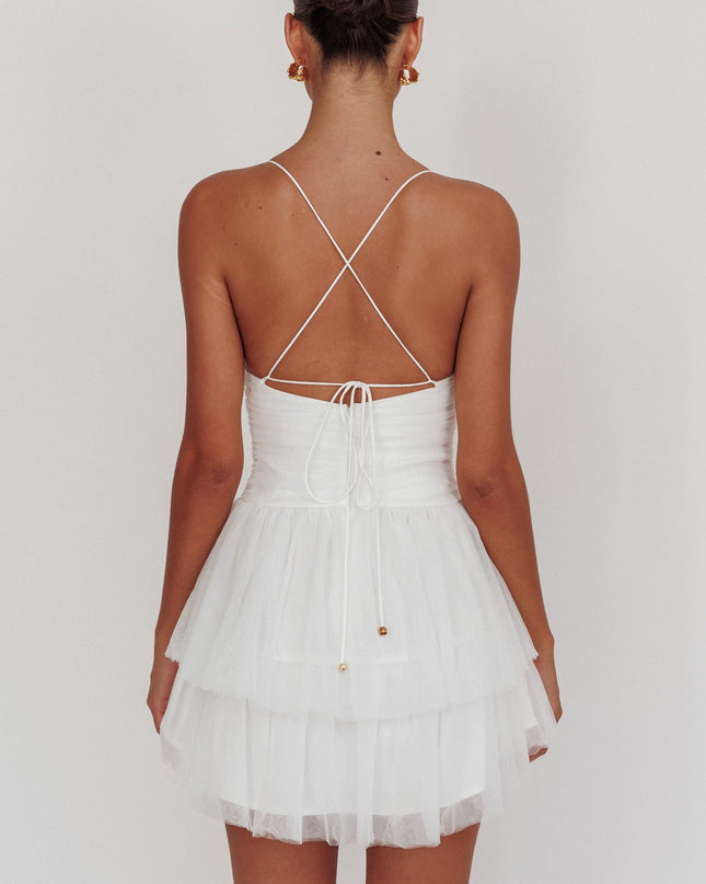 White Ruched Mesh Mini Dress