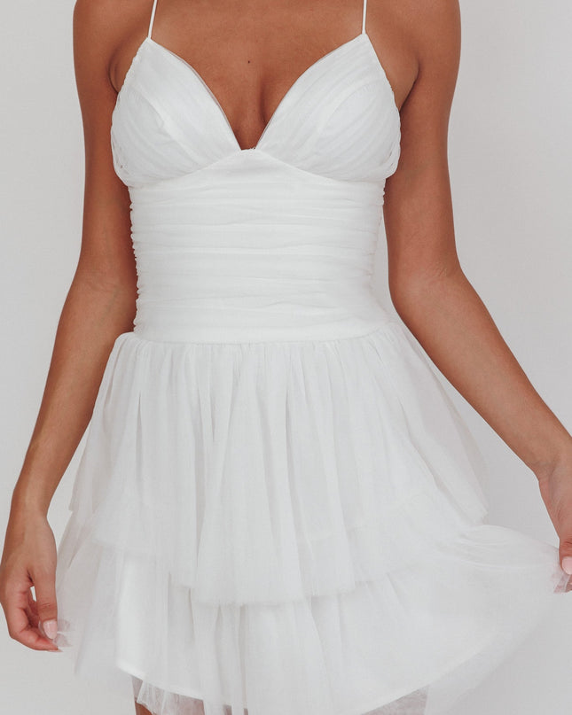 White Ruched Mesh Mini Dress