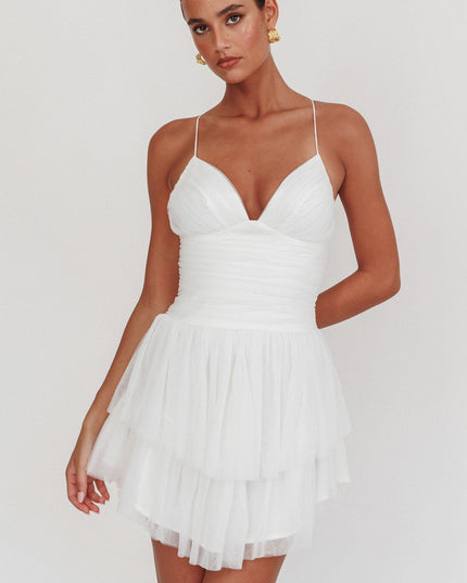 White Ruched Mesh Mini Dress