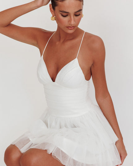 White Ruched Mesh Mini Dress