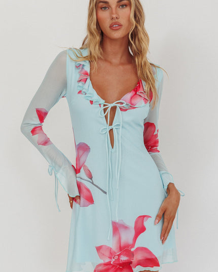 Blue Ruffle Trim Mini Dress Floral