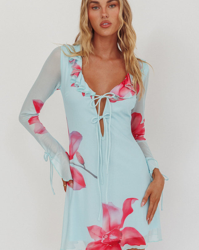 Blue Ruffle Trim Mini Dress Floral