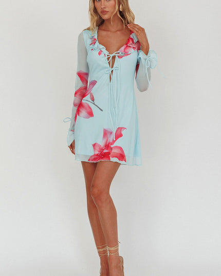 Blue Ruffle Trim Mini Dress Floral