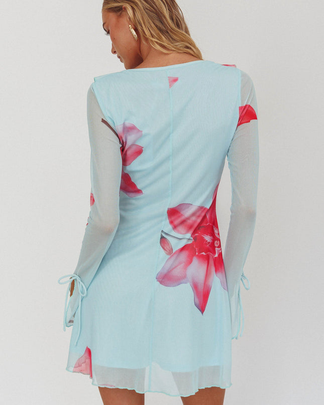 Blue Ruffle Trim Mini Dress Floral