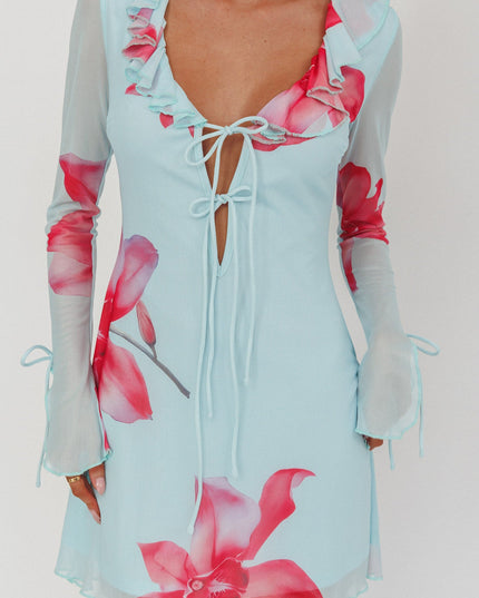 Blue Ruffle Trim Mini Dress Floral
