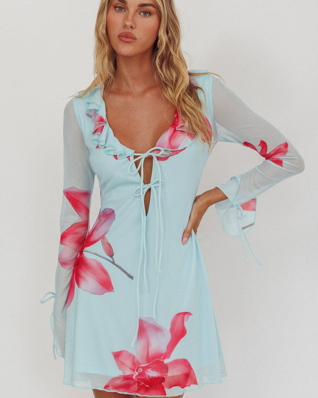Blue Ruffle Trim Mini Dress Floral