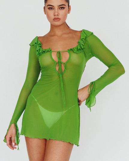 Lime Ruffle Trim Mini Dress