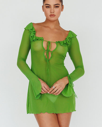 Lime Ruffle Trim Mini Dress