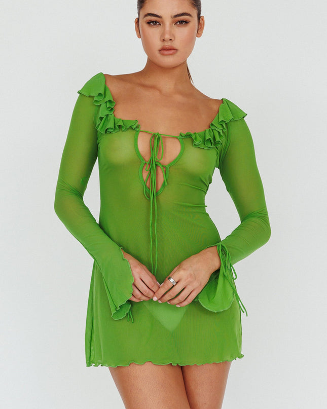 Lime Ruffle Trim Mini Dress