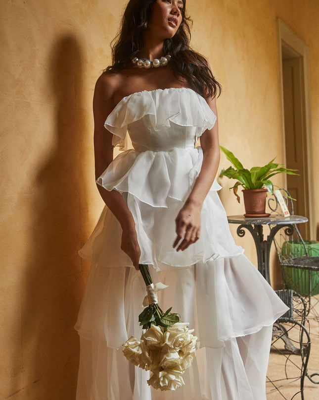 White Layered Ruffle Maxi Dress