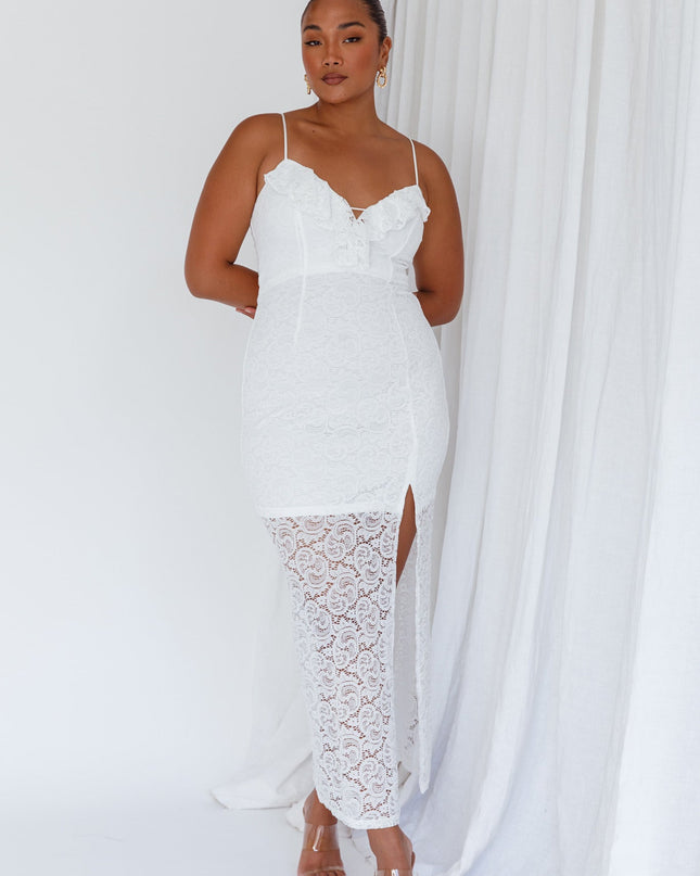White Frill Trim Lace Midi Dress