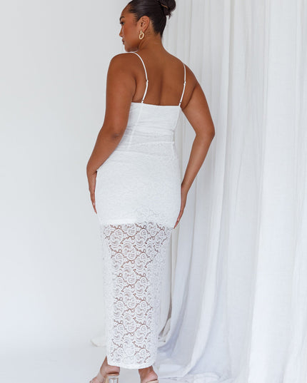 White Frill Trim Lace Midi Dress