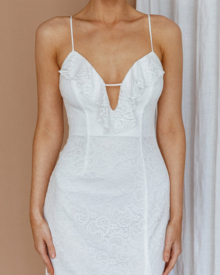 White Frill Trim Lace Midi Dress