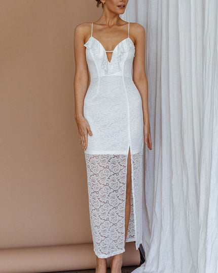 White Frill Trim Lace Midi Dress