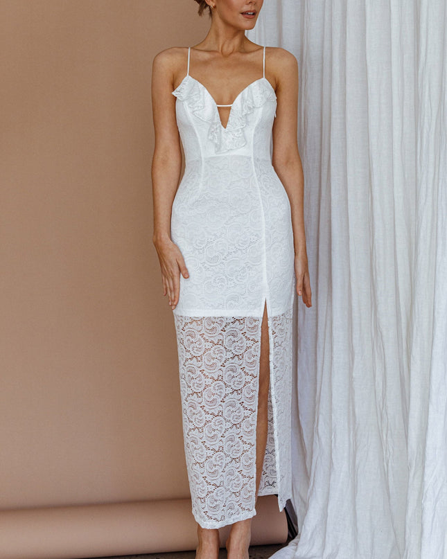 White Frill Trim Lace Midi Dress