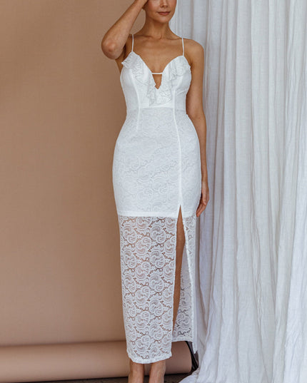 White Frill Trim Lace Midi Dress
