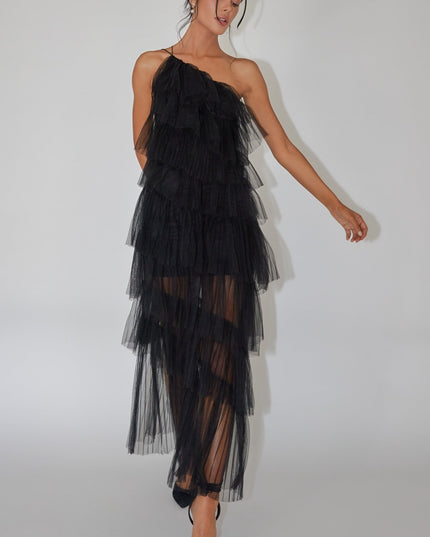 Black Tiered Ruffle Tulle Maxi Dress