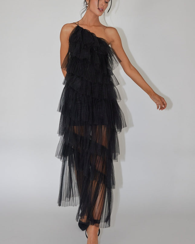 Black Tiered Ruffle Tulle Maxi Dress