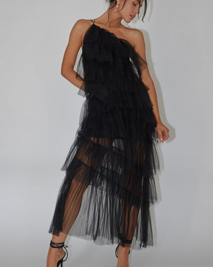 Black Tiered Ruffle Tulle Maxi Dress