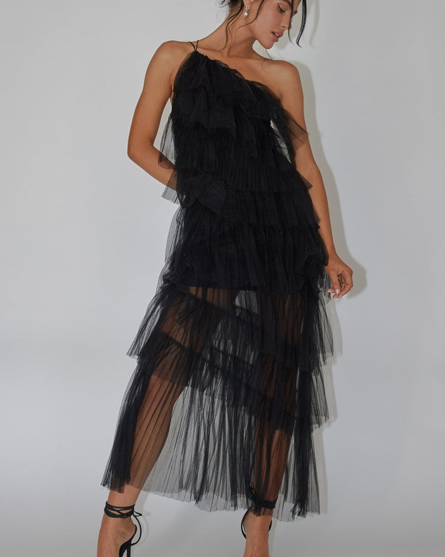 Black Tiered Ruffle Tulle Maxi Dress
