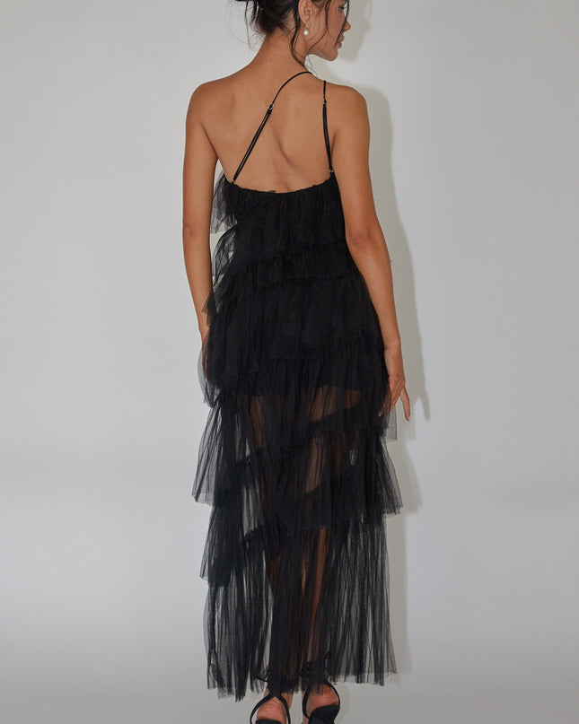 Black Tiered Ruffle Tulle Maxi Dress