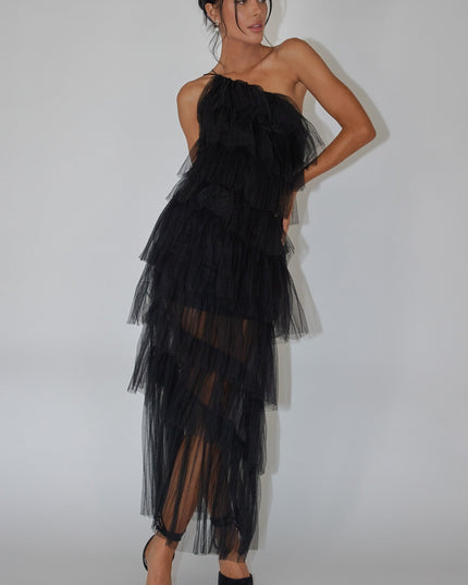 Black Tiered Ruffle Tulle Maxi Dress