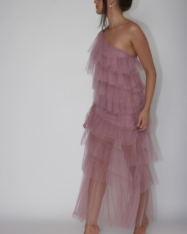 Plum Tiered Ruffle Tulle Maxi Dress