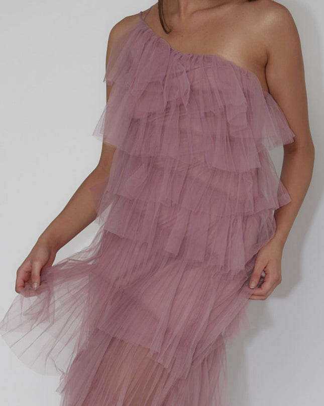 Plum Tiered Ruffle Tulle Maxi Dress