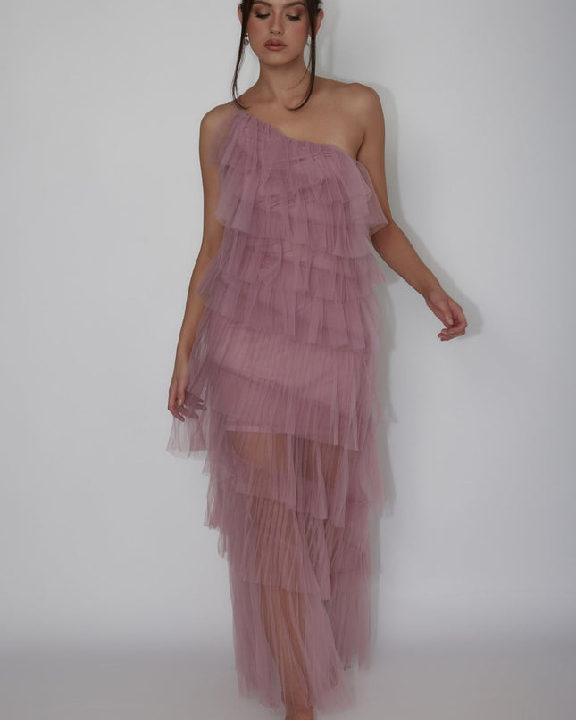 Plum Tiered Ruffle Tulle Maxi Dress