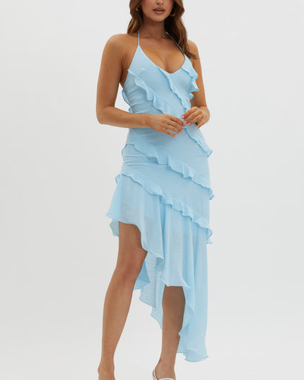 Blue Tiered Ruffle Asymmetric Midi Dress