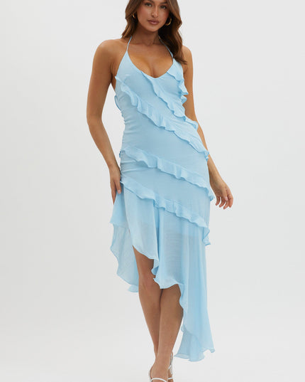 Blue Tiered Ruffle Asymmetric Midi Dress