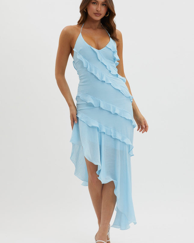 Blue Tiered Ruffle Asymmetric Midi Dress