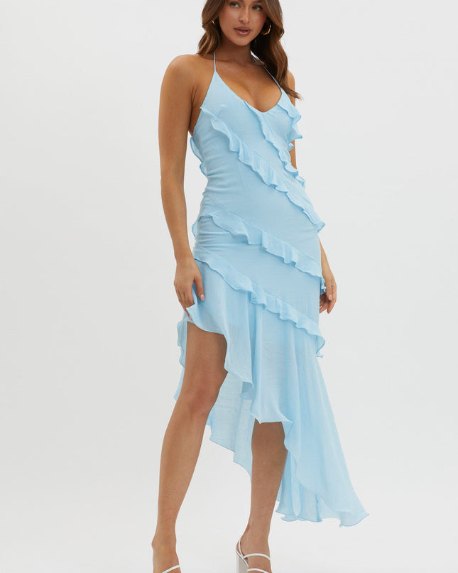 Blue Tiered Ruffle Asymmetric Midi Dress