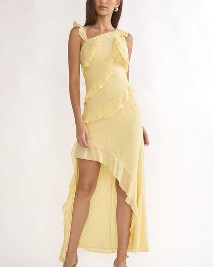 Lemon Asymmetric Hem Ruffle Maxi Dress