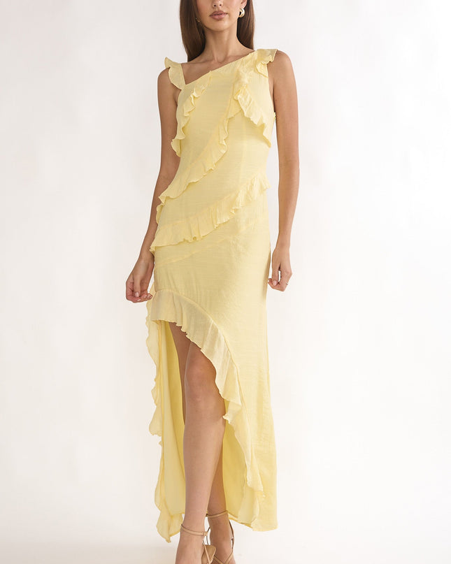Lemon Asymmetric Hem Ruffle Maxi Dress