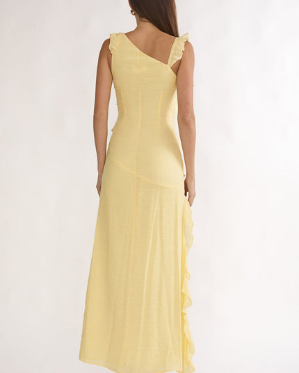 Lemon Asymmetric Hem Ruffle Maxi Dress