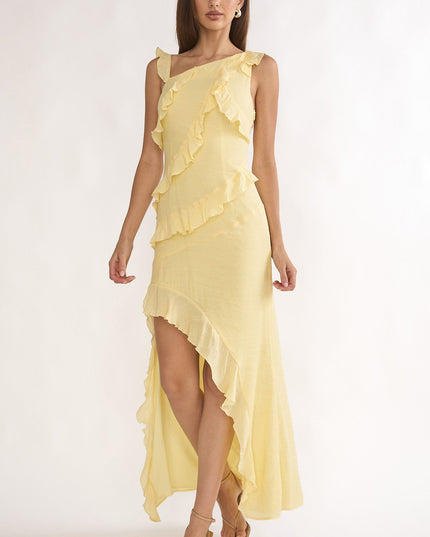 Lemon Asymmetric Hem Ruffle Maxi Dress