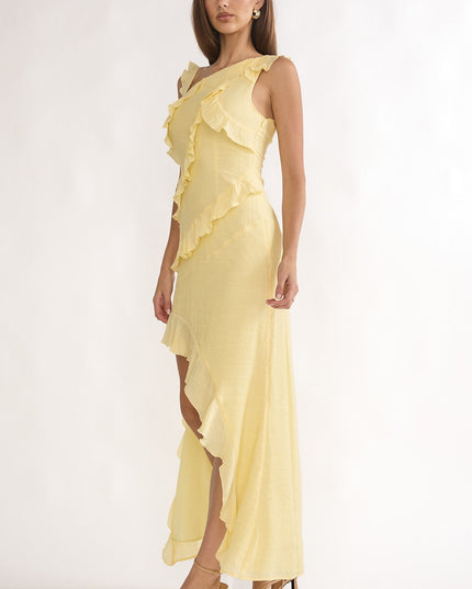 Lemon Asymmetric Hem Ruffle Maxi Dress
