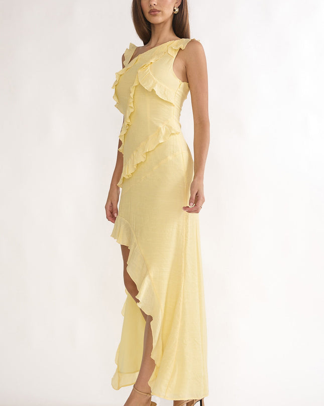 Lemon Asymmetric Hem Ruffle Maxi Dress