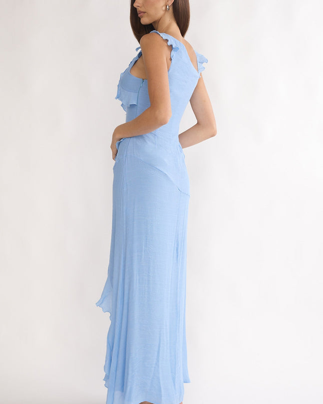 Pale Blue Asymmetric Hem Ruffle Maxi Dress