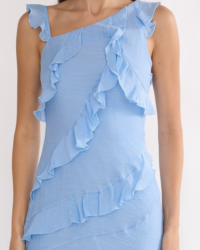 Pale Blue Asymmetric Hem Ruffle Maxi Dress
