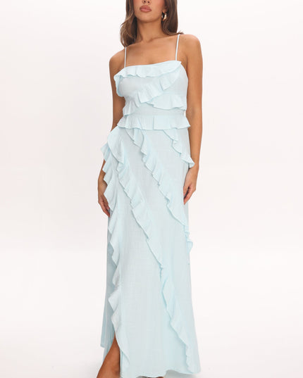 Blue Ruffle Split Maxi Dress