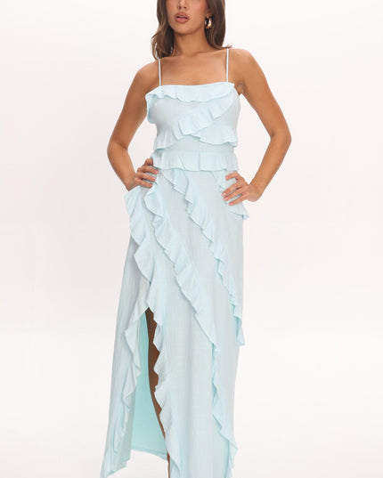 Blue Ruffle Split Maxi Dress