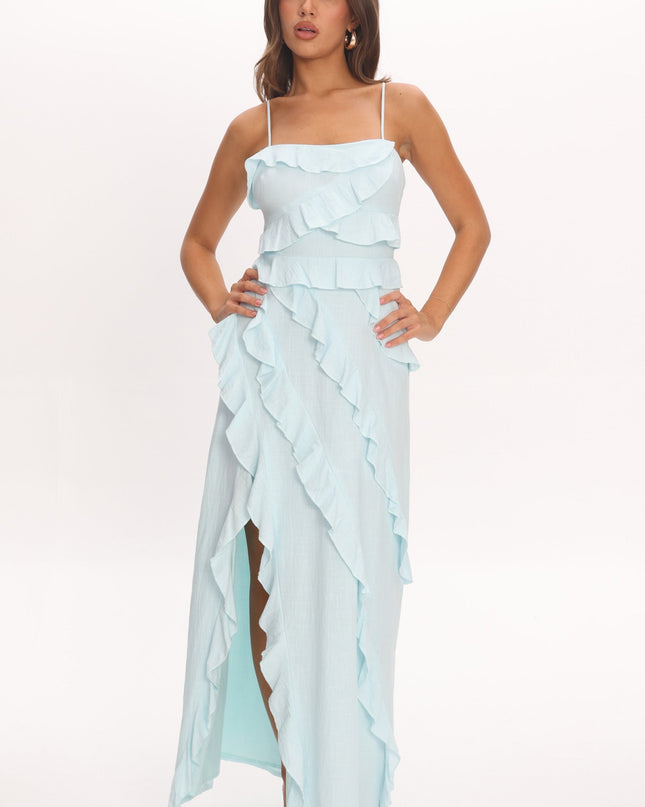 Blue Ruffle Split Maxi Dress